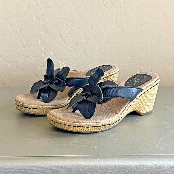 Born Concept BOC 6 Black Leather Flower Platform Wedge Thong Sandals - Picture 1 of 12